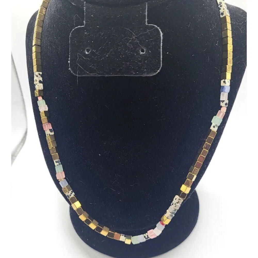 Artisan Healing Gemstone Gold Square Beads Marble Flourite 24in
